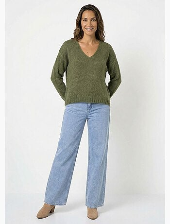 Suéter de punto cálido con cuello en V y mohair - AFIBEL