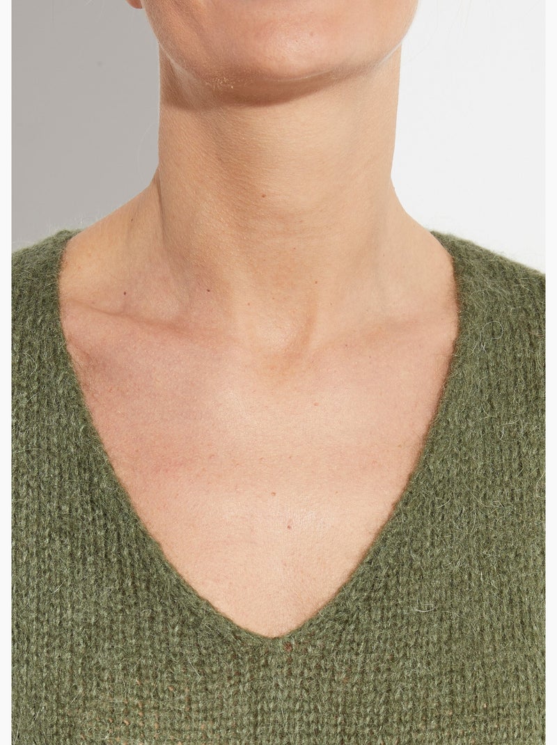 Suéter de punto cálido con cuello en V y mohair - AFIBEL Caqui - Kiabi