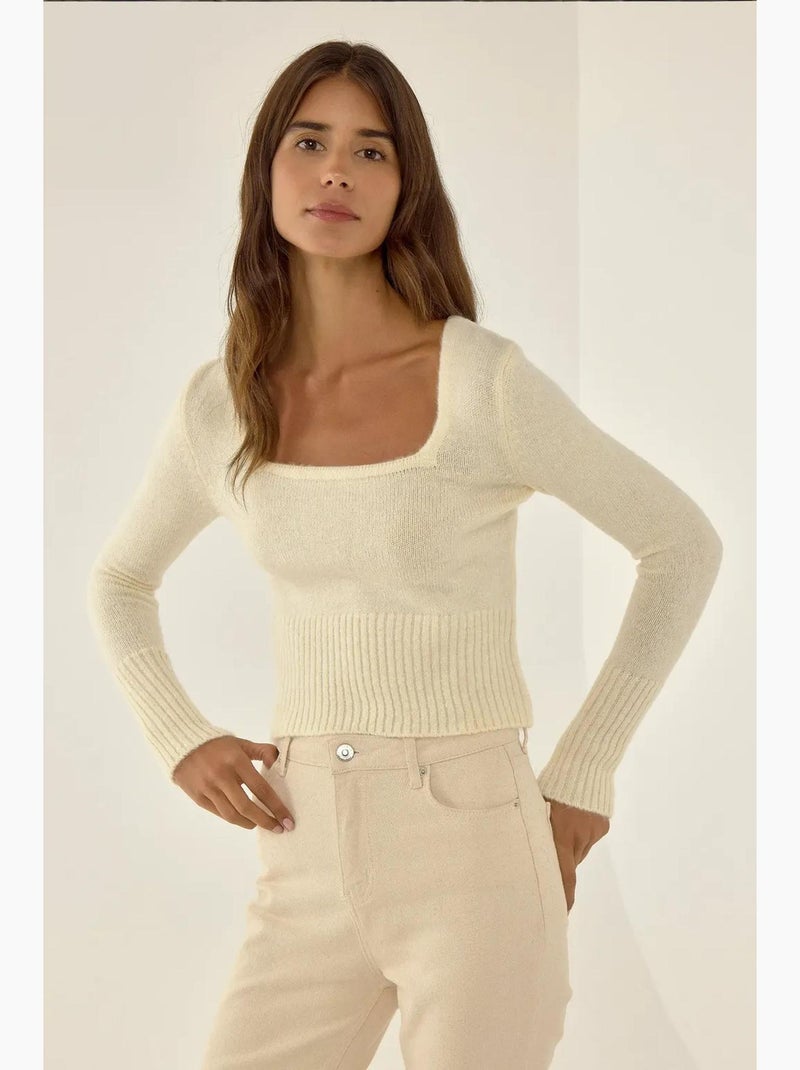 Suéter de punto con cuello cuadrado y detalle de canalé hiccup Beige natural - Kiabi