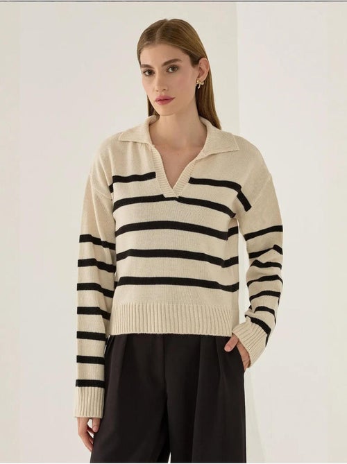 Suéter de punto con cuello polo a rayas - Kiabi Suéter de punto con cuello polo a rayas - Kiabi