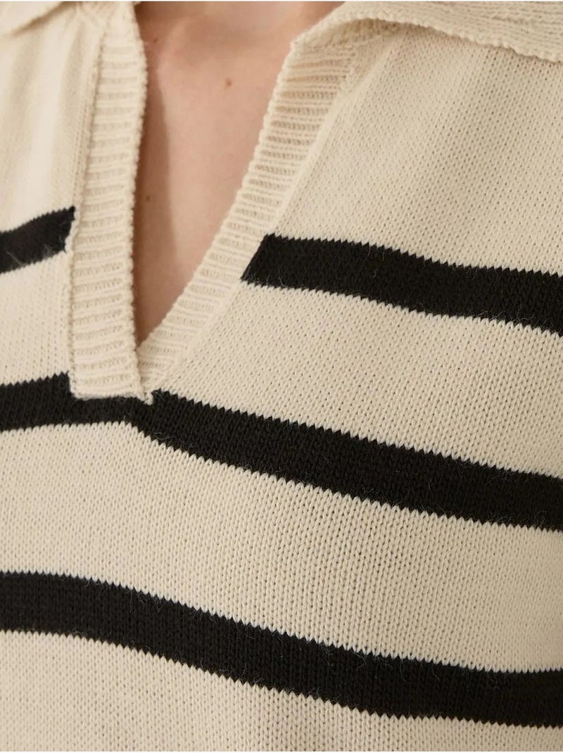 Suéter de punto con cuello polo a rayas Beige natural - Kiabi
