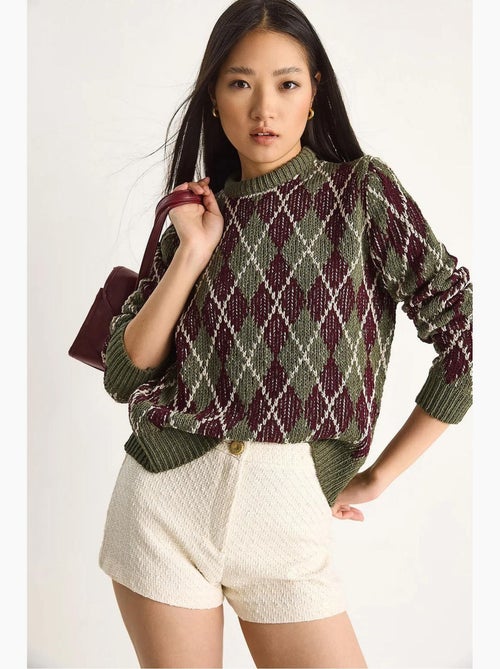 Suéter de punto de cuello redondo para mujer con estampado de rombos lucci - Kiabi Suéter de punto de cuello redondo para mujer con estampado de rombos lucci - Kiabi