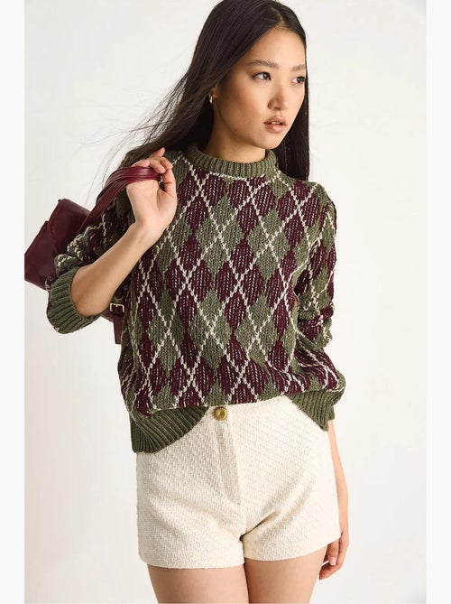 Suéter de punto de cuello redondo para mujer con estampado de rombos lucci - Kiabi Suéter de punto de cuello redondo para mujer con estampado de rombos lucci - Kiabi