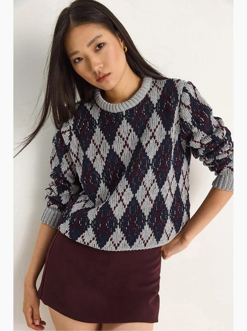 Suéter de punto de cuello redondo para mujer con estampado de rombos lucci - Kiabi Suéter de punto de cuello redondo para mujer con estampado de rombos lucci - Kiabi