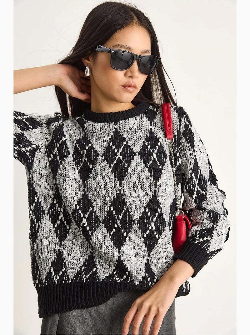Suéter de punto de cuello redondo para mujer con estampado de rombos lucci Negro - Kiabi
