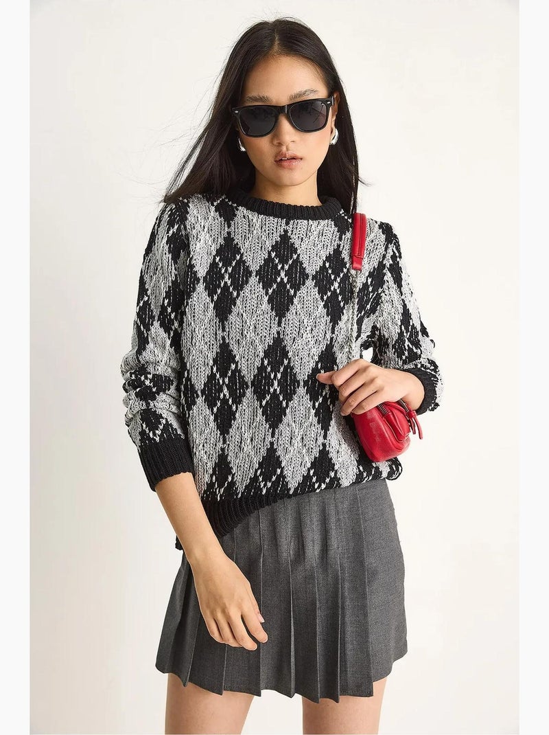 Suéter de punto de cuello redondo para mujer con estampado de rombos lucci Negro - Kiabi