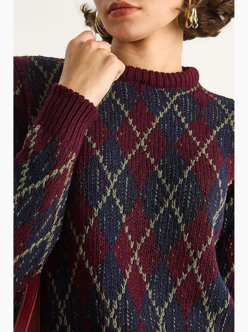 Suéter de punto de cuello redondo para mujer con estampado de rombos lucci - Kiabi Suéter de punto de cuello redondo para mujer con estampado de rombos lucci - Kiabi