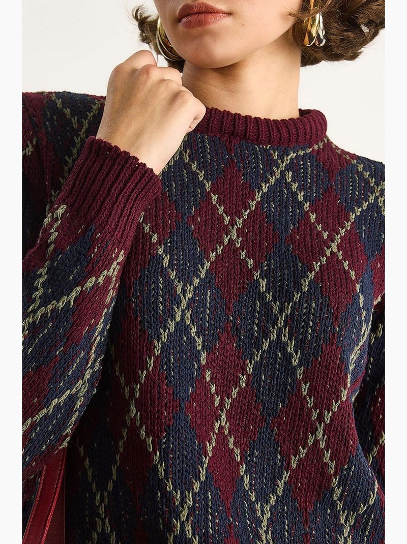 Suéter de punto de cuello redondo para mujer con estampado de rombos lucci Rojo granate - Kiabi