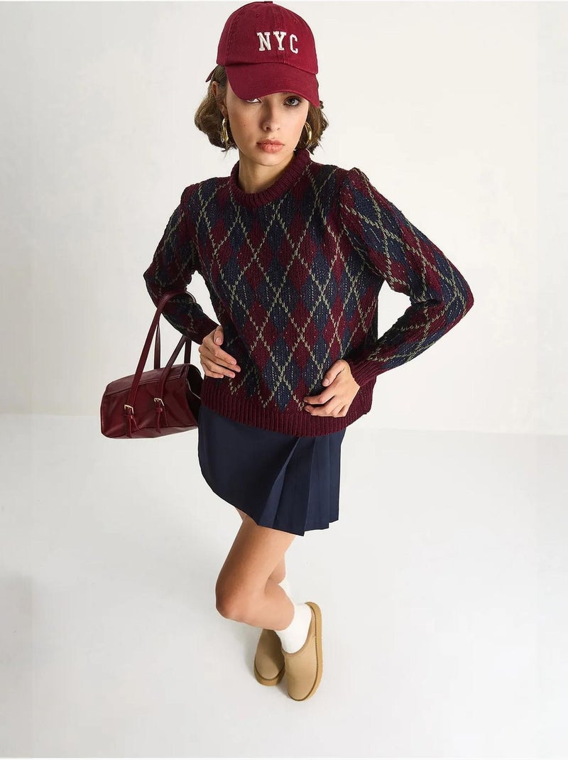 Suéter de punto de cuello redondo para mujer con estampado de rombos lucci Rojo granate - Kiabi