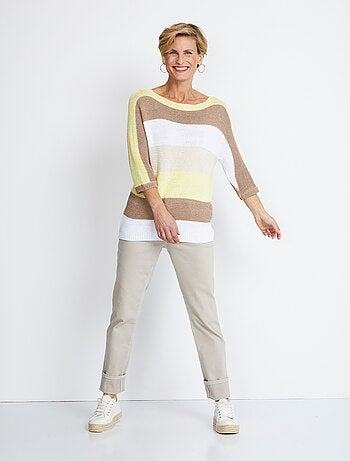 Suéter de punto musgo con mangas 3/4 a rayas - Afibel