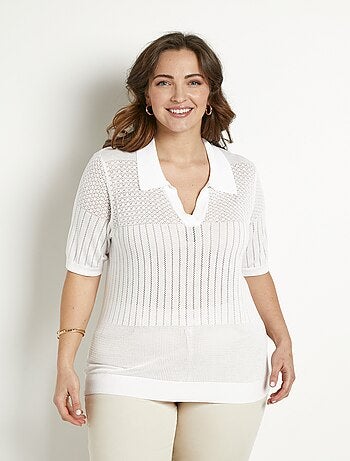 Suéter fino calado de cuello polo y manga corta - Afibel