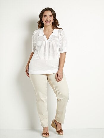 Suéter fino calado de cuello polo y manga corta - Afibel