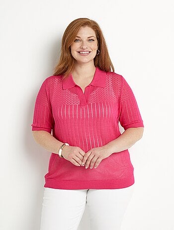 Suéter fino calado de cuello polo y manga corta - Afibel