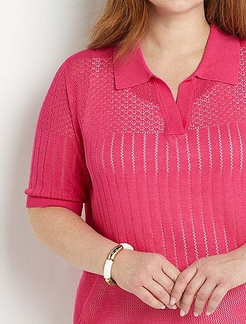 Suéter fino calado de cuello polo y manga corta - Afibel