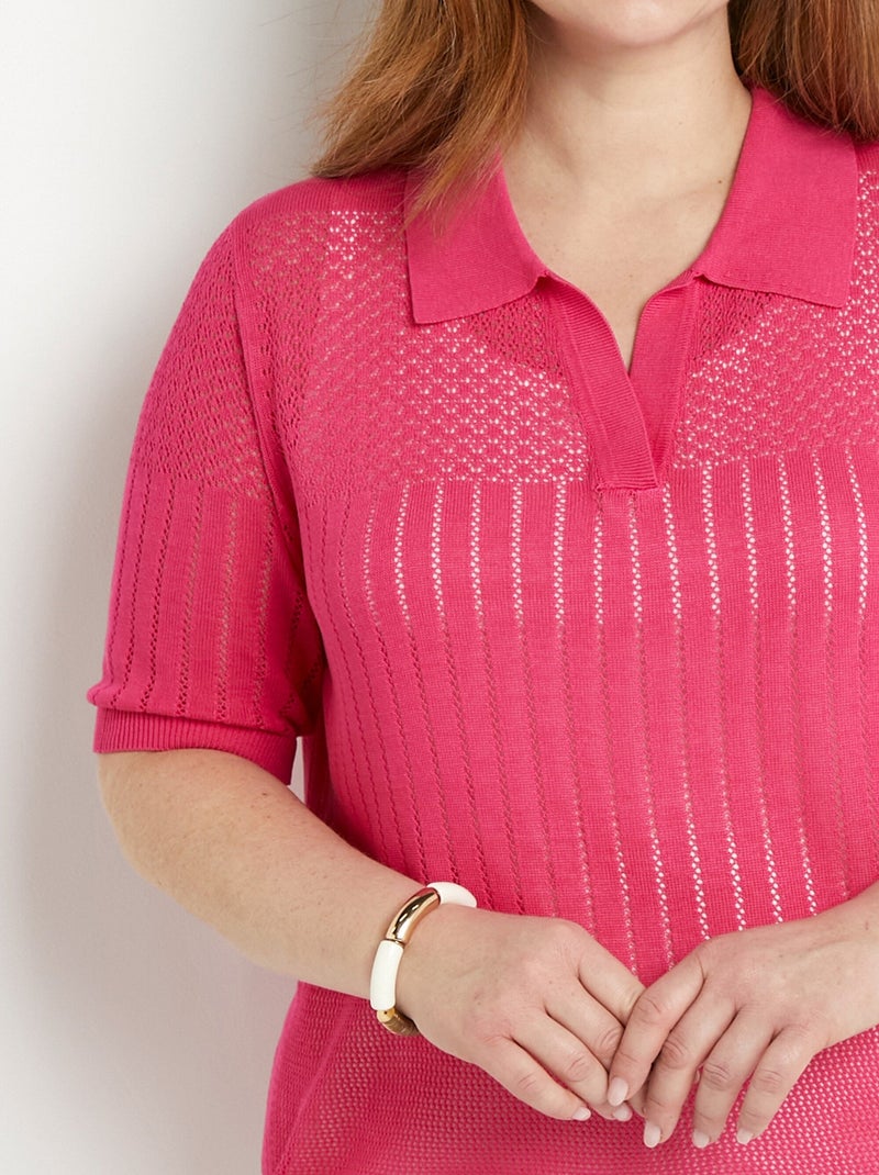 Suéter fino calado de cuello polo y manga corta - Afibel Rosa fucsia - Kiabi