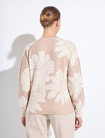Suéter fino con estampado floral y lentejuelas y cuello redondo. - Afibel