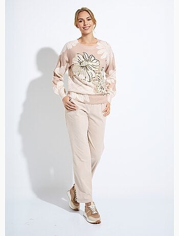 Suéter fino con estampado floral y lentejuelas y cuello redondo. - Afibel