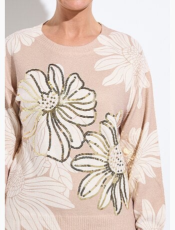 Suéter fino con estampado floral y lentejuelas y cuello redondo. - Afibel