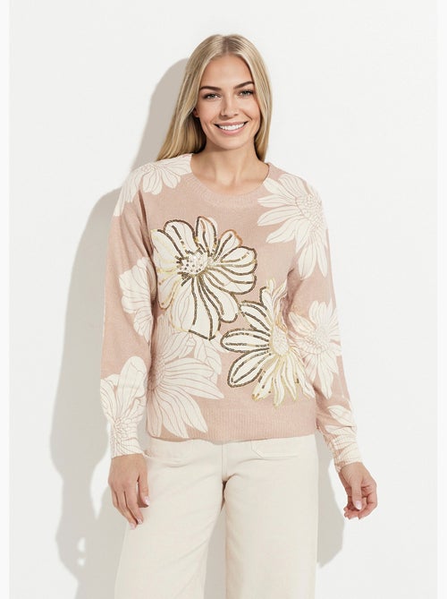 Suéter fino con estampado floral y lentejuelas y cuello redondo. - Afibel - Kiabi