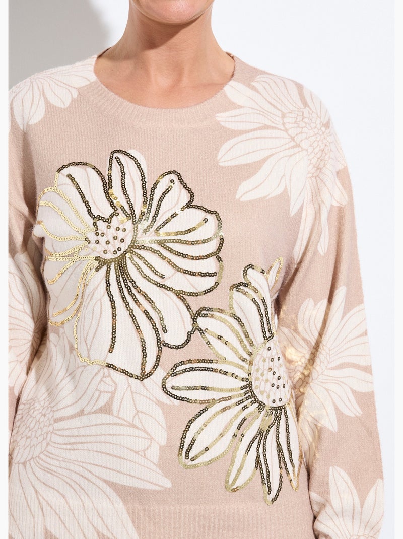 Suéter fino con estampado floral y lentejuelas y cuello redondo. - Afibel Beige - Kiabi