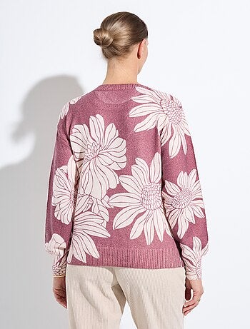 Suéter fino con estampado floral y lentejuelas y cuello redondo. - Afibel