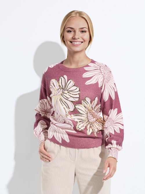 Suéter fino con estampado floral y lentejuelas y cuello redondo. - Afibel - Kiabi
