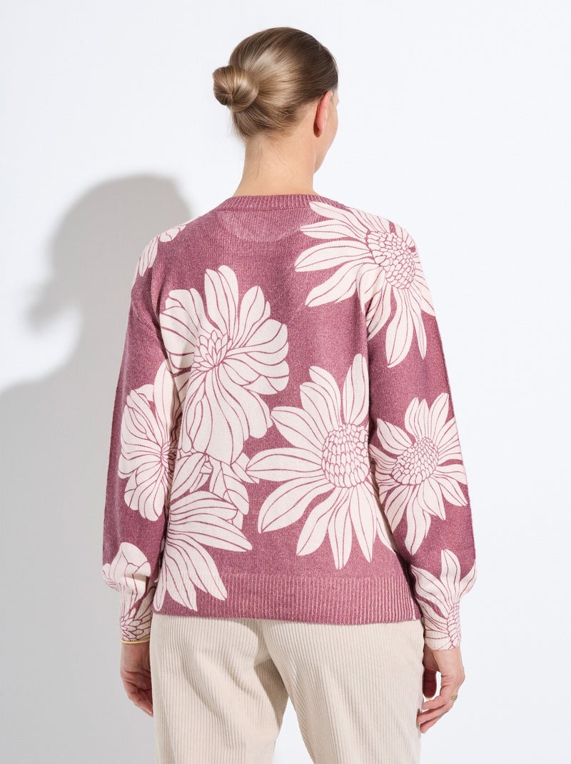 Suéter fino con estampado floral y lentejuelas y cuello redondo. - Afibel Rojo granate - Kiabi