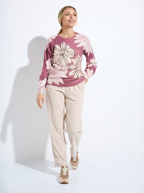 Suéter fino con estampado floral y lentejuelas y cuello redondo. - Afibel - Kiabi