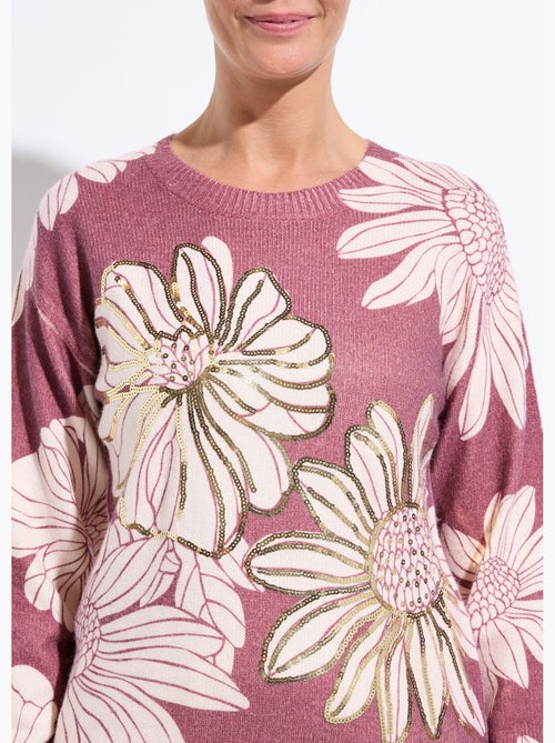 Suéter fino con estampado floral y lentejuelas y cuello redondo. - Afibel - Kiabi