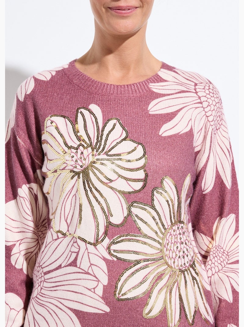 Suéter fino con estampado floral y lentejuelas y cuello redondo. - Afibel Rojo granate - Kiabi