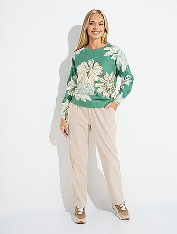 Suéter fino con estampado floral y lentejuelas y cuello redondo. - Afibel