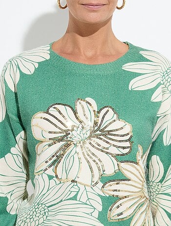 Suéter fino con estampado floral y lentejuelas y cuello redondo. - Afibel