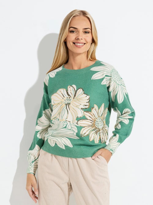 Suéter fino con estampado floral y lentejuelas y cuello redondo. - Afibel - Kiabi