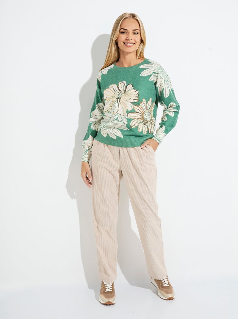 Suéter fino con estampado floral y lentejuelas y cuello redondo. - Afibel Verde - Kiabi