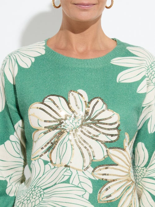 Suéter fino con estampado floral y lentejuelas y cuello redondo. - Afibel - Kiabi