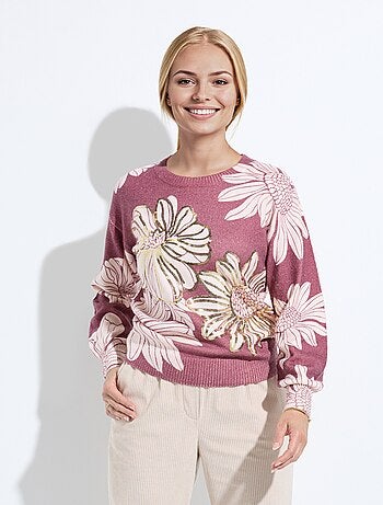 Suéter fino con estampado floral y lentejuelas y cuello redondo.