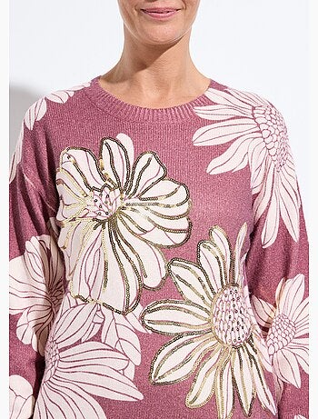 Suéter fino con estampado floral y lentejuelas y cuello redondo.