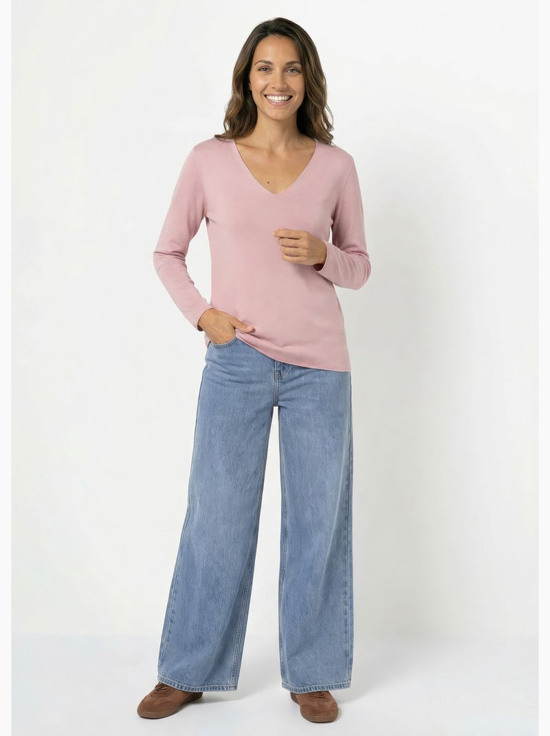 Suéter fino de angora y lana, cuello en pico - AFIBEL Rosa - Kiabi