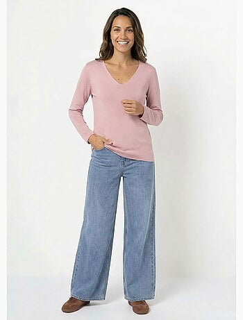 Suéter fino de angora y lana, cuello en pico