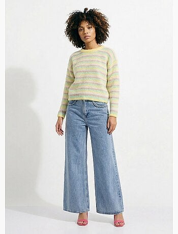 Suéter mullido de cuello redondo, rayas pastel - AFIBEL