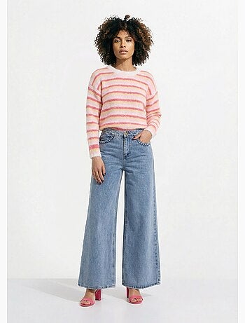 Suéter mullido de cuello redondo, rayas pastel - AFIBEL