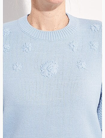 Suéter suave con flores bordadas y cuello redondo. - Afibel