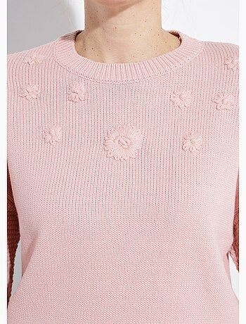 Suéter suave con flores bordadas y cuello redondo. - Afibel