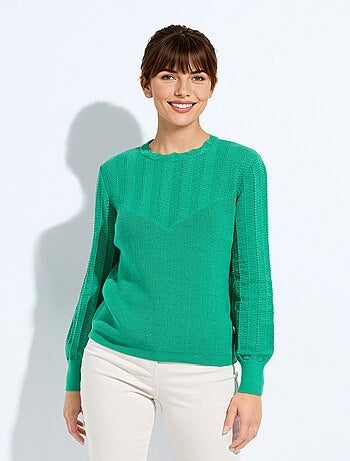 Suéter suave de cuello redondo con mangas largas y abullonadas. - Afibel