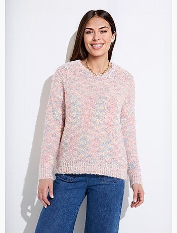 Suéter suave de cuello redondo con punto de bola multicolor. - Afibel
