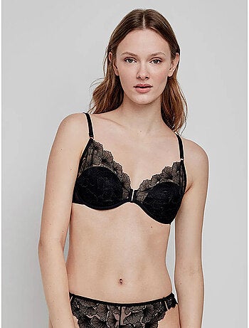 Sujetador bralette con aro y foam, de tul bordado con flores