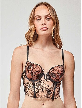 Sujetador bustier con aro, copas y corte v, de encaje