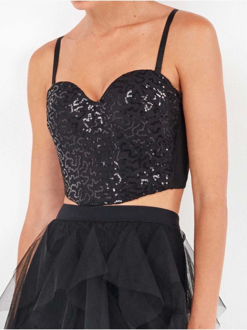 Sujetador bustier con tirantes, escote corazón y lentejuelas Negro - Kiabi