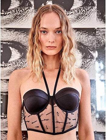 Sujetador bustier con tiras al cuello, tejido satén y texto bordado