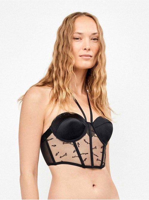 Sujetador bustier con tiras al cuello, tejido satén y texto bordado - Kiabi Sujetador bustier con tiras al cuello, tejido satén y texto bordado - Kiabi